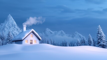 Fototapeta premium Cozy Winter Cottage in Snowy Mountain Landscape at Dusk