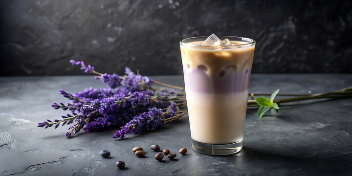 A visually appealing layered iced lavender coffee drink with fresh lavender sprigs and coffee beans on a dark textured surface, offering a unique and refreshing flavor