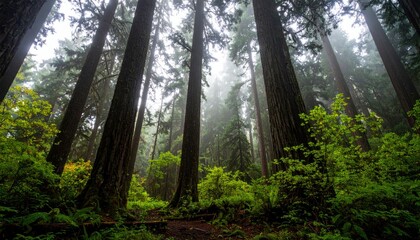 Fototapeta premium Foggy Forest with Towering Trees and Lush Greenery Creating a Serene Atmosphere in Nature