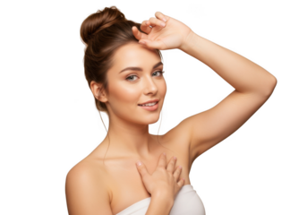 Beautiful young woman with her hand on her forehead, isolated on transparent background