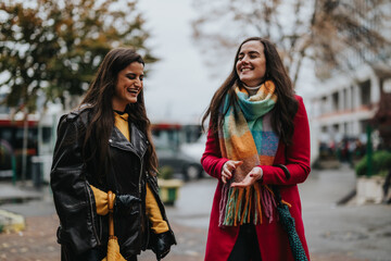 Two smiling women dressed in cozy autumn outfits, spending time outdoors in a city setting. The...