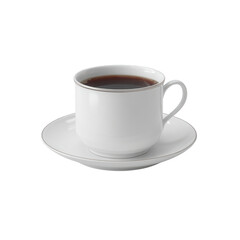 Obraz premium A stylish white coffee cup with a matching saucer, filled with aromatic coffee. Ideal for showcasing beverage presentation and modern dining aesthetics.