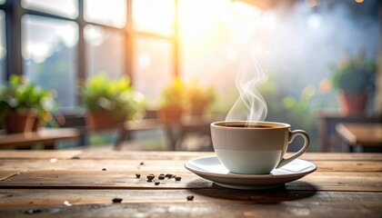 Freshly Brewed Coffee in a White Cup with Steam Rising on a Rustic Wooden Table Surrounded by Lush Green Plants and Sunlit Interior in a Cozy Café Setting