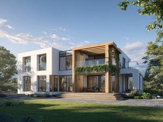 Modern, single-story house with flat roof, under partly cloudy skies Large windows and glass doors, vertical wooden cladding, extended roof with exposed rafters Well-manicured lawn, p - AI-Generated