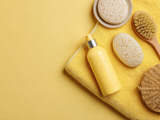 Yellow background with bathing essentials assorted soap bars, body lotioncream, exfoliating brush, and wicker basket Simple, clean style for potential advertising or showcasing goods - AI-Generated