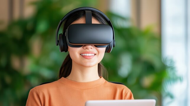 Young Woman Enjoying Virtual Reality Experience with Tablet