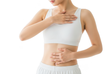 Woman touching her abdomen, isolated on transparent background