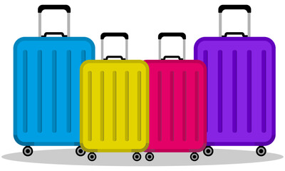 Colourful travel cases or luggage, holiday or vacation graphic element, Flat vector of suitcases isolated on a transparent background