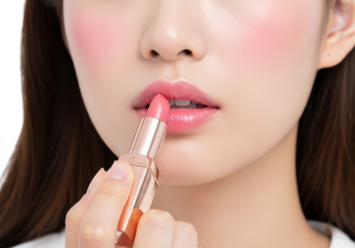 Closeup of a young womans lips as she applies pink lipstick, isolated on transparent background