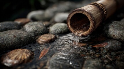 Obraz premium Water flowing from bamboo tube over rocks