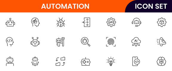Automation vector line icons featuring robots, gears, workflow systems, AI, process optimization, control panels, sensors, efficiency tools, and automated machinery.