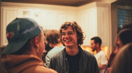 Obraz premium A smiling young man with glasses at an indoor gathering of several people