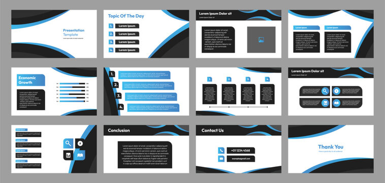 modern presentation template featuring a refreshing design with fblack and blue color, suitable for company presentations, school projects, and product promotions