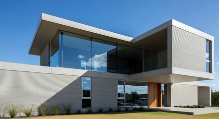 Exterior of a modern minimalist house with large windows and a clear blue sky