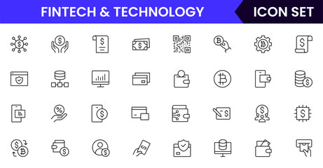 Fintech and Technology vector line icons featuring mobile banking, digital wallets, financial apps, blockchain, investments, transactions, analytics, security, and payment solutions.