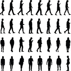 Silhouettes of diverse walking and standing people, male and female figures in various poses, pedestrians, urban lifestyle silhouettes