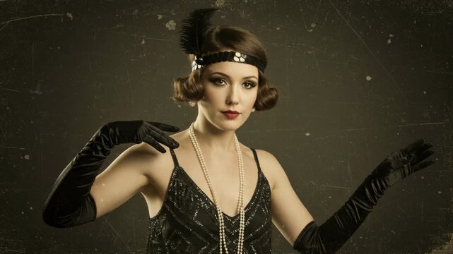A glamorous woman dressed in 1920s flapper style, with headband, pearls, and long gloves, posing elegantly