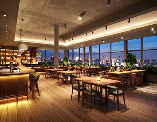 Elegant rooftop restaurant with city skyline view offers dining experience at twilight hour