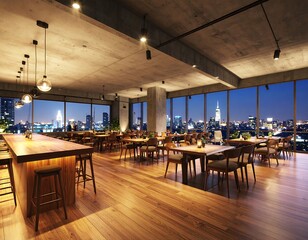 Elegant restaurant with city skyline view at night perfect for dining and social gatherings