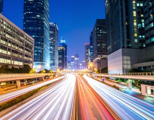 Obraz premium Dynamic city skyline with vibrant light trails at dusk, perfect for travel or business concepts