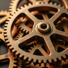 Intricate gears close up view, showcasing their metallic texture and craftsmanship. warm tones of bronze create vintage feel, evoking sense