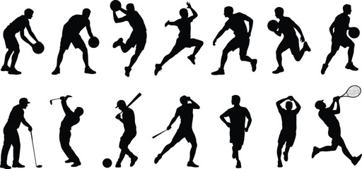 Silhouettes of athletes playing various sports including basketball, tennis, baseball, and golf, active poses, vector illustration for fitness themes
