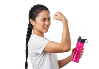 Asian woman flexing arm muscles holding water bottle, isolated on transparent background