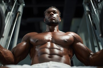Muscular man working out on chest press machine at the gym

