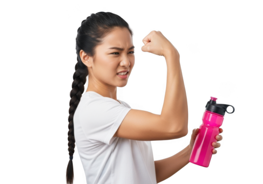 Asian woman flexing arm muscles holding water bottle, isolated on transparent background
