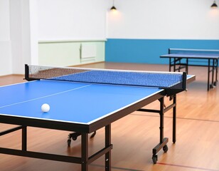Two blue ping pong tables with nets are set up in a brightly lit indoor sports facility, ready for a game.