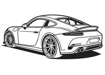Sports car silhouette line art, sleek design, no interior details, high contrast outlines, children's coloring book, white negative space