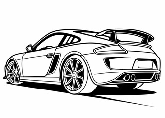 Sports car silhouette line art, sleek design, no interior details, high contrast outlines, children's coloring book, white negative space