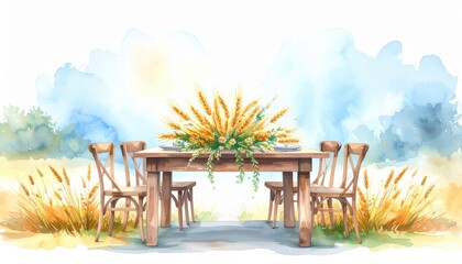 Scenic Outdoor Dining Table Surrounded by Rustic Chairs Adorned with Vibrant Yellow Flowers in a Serene Nature Setting Under an Artistic Watercolor Sky