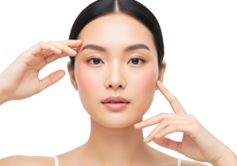 Beautiful young asian woman with flawless skin touching her face gently, isolated on transparent background