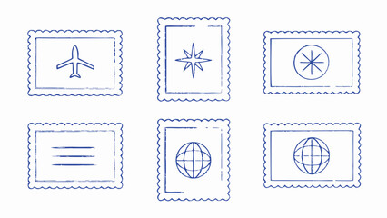 Collection of six blue postage stamp icons with airplane star globe and line designs in a grid layout
