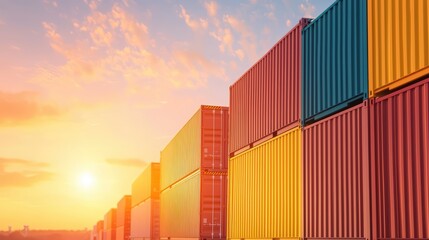 Fototapeta premium Colorful Shipping Containers at Sunset in Urban Environment