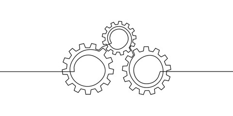 Line gear continuous one art icon cog work business factory wheel. Gear line continuous vector outline setting computer cogwheel technology sketch drawing science stroke machine brain background.