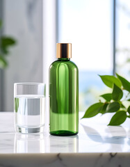 Elegant green glass bottle with golden cap and clear water in glass on marble surface, suggesting premium beverage or skincare