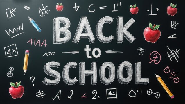 Back to School Chalkboard Design with Apples, Pencils, and Math Equations