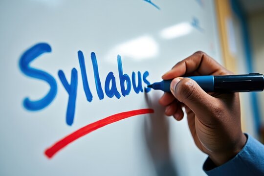 Teacher Writing Syllabus on Whiteboard in Classroom