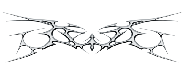 Chrome neo tribal tattoo. Succubus womb sigils and sharp cyber sigilism elements in liquid silver Y2K style	
