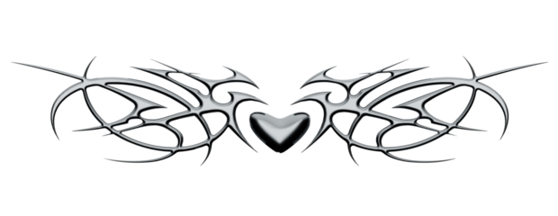 Chrome neo tribal tattoo. Succubus womb sigils and sharp cyber sigilism elements in liquid silver Y2K style	
