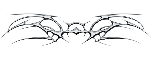 Chrome neo tribal tattoo. Succubus womb sigils and sharp cyber sigilism elements in liquid silver Y2K style	
