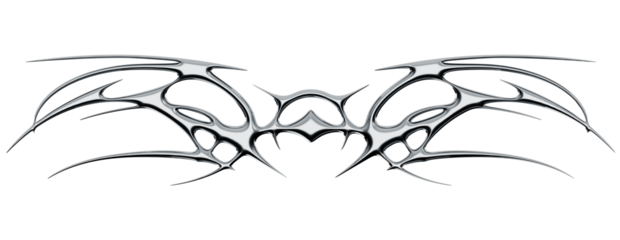 Chrome neo tribal tattoo. Succubus womb sigils and sharp cyber sigilism elements in liquid silver Y2K style	
