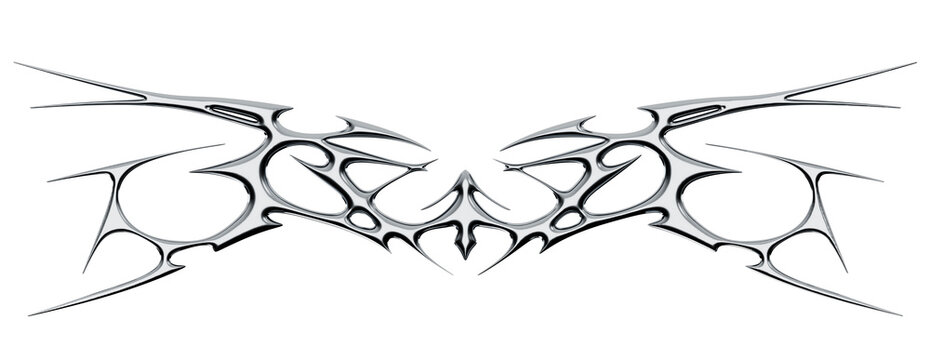 Chrome neo tribal tattoo. Succubus womb sigils and sharp cyber sigilism elements in liquid silver Y2K style