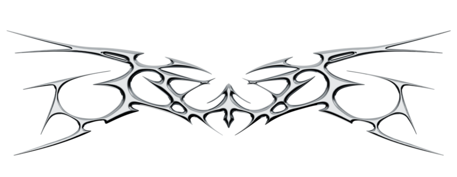 Chrome neo tribal tattoo. Succubus womb sigils and sharp cyber sigilism elements in liquid silver Y2K style	
