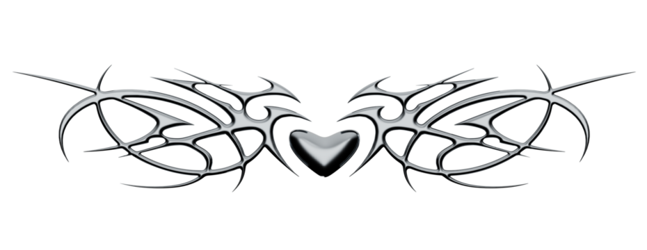 Chrome neo tribal tattoo. Succubus womb sigils and sharp cyber sigilism elements in liquid silver Y2K style	
