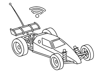 Toy RC car line drawing, angular design, antenna on top, no intricate parts, bold contours, coloring page for kids, plain background