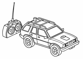 Toy RC car line drawing, angular design, antenna on top, no intricate parts, bold contours, coloring page for kids, plain background