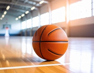 Fototapeta premium A vibrant orange basketball rests on a polished wooden court floor inside a sunlit gymnasium, with a hoop in the background.